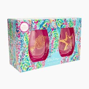 LILLY PULITZER 2 Stemless Wine Glasses Catch The Wave Starfish & Fish New 16 Oz